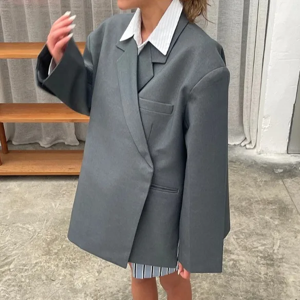 Loose Elegant Grey Asymmetric Blazer Women Lapel Long Sleeve Split Suit Jackets 2025 Autumn Winter Lady Fashion Outwear Street