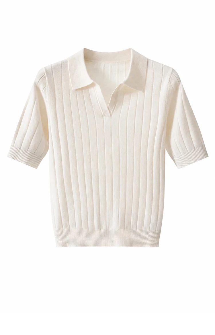 MZ62056 Damen-Pullover mit Polokragen, offenem V-Ausschnitt, kurzen Ärmeln, geripptem Strick, einfarbig, weiche Modal-Mischung, lässiges Oberteil für den frühen Herbst. – Detail 14