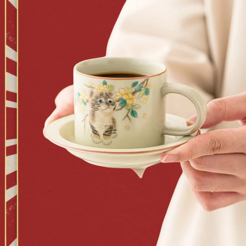 

Cute Ruyao Cat Pattern Coffee Mug With Saucer Ceramic Latte Art Cappuccino Barista Cup