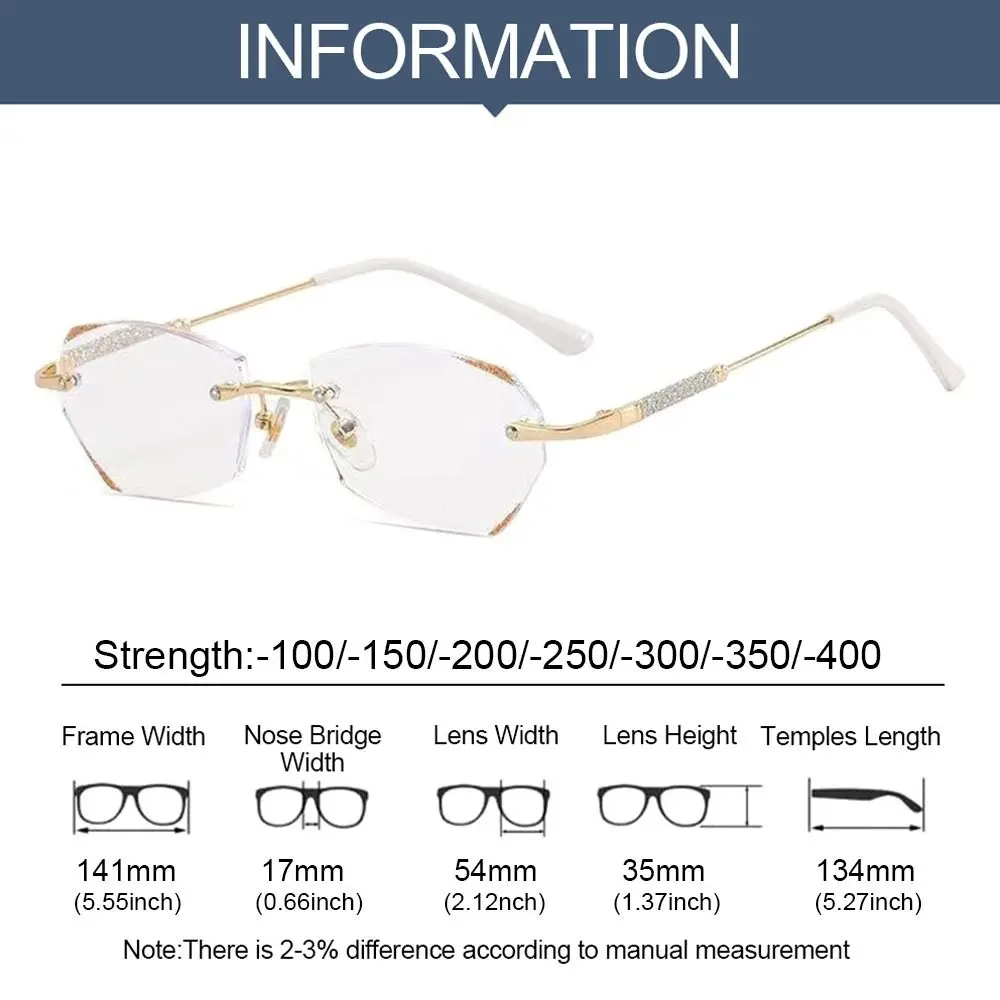 Myopia Glasses Luxury Women Rimless Diamond Cutting Frame Anti Blue Light Eyeglasses Prescription Eyewear Diopter -1.0 To -4.0