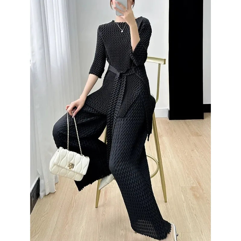 YUDX Miyake Suit Women's 2-piece Set Loose Slim Solid Color Slit Round Neck Tie High-end Pleated Two-piece Set 2023 Summer New