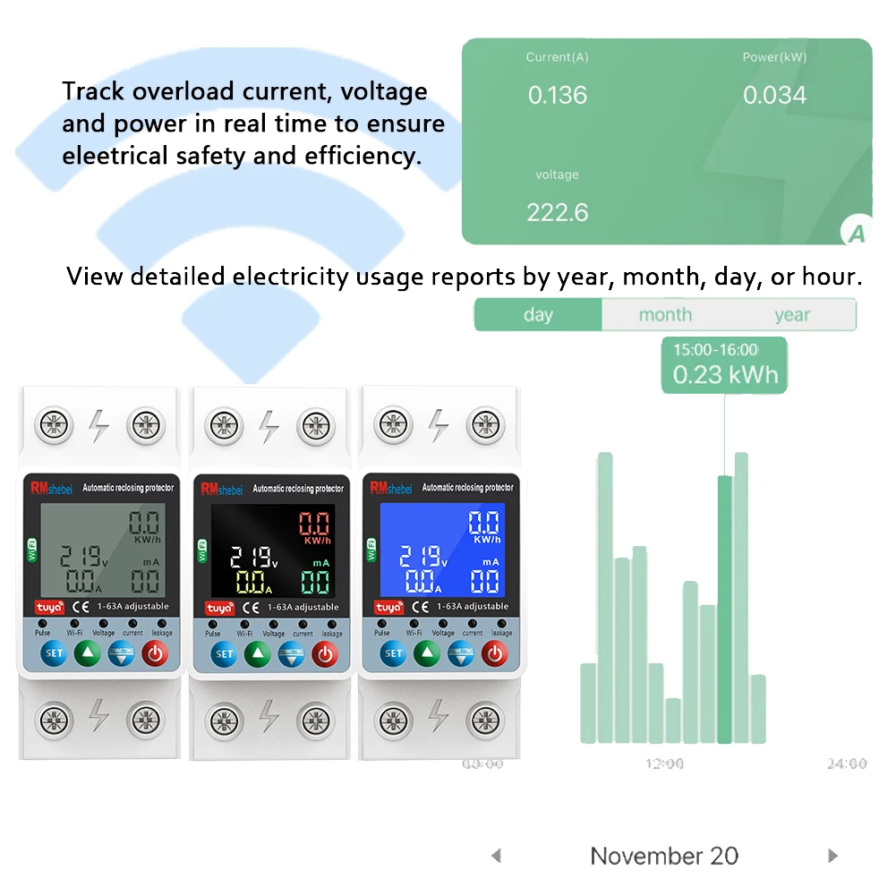 RMshebei Smart Wifi Energy Dual Relay Single Phase Meter Digital Voltage Current Protector Earth Leakage Circuit Breaker