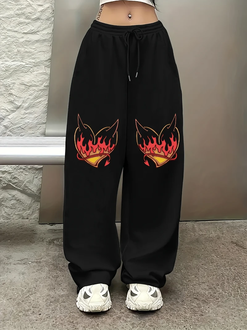 

Casual Street Style Flame Heart Devil Print Drawstring Straight Leg Pants Pure Cotton Knitted Fabric, Fashionable Sports Pants