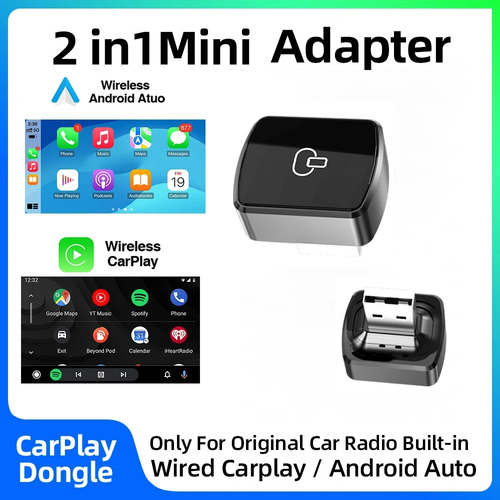2in1 ワイヤレスCarPlayアダプター Android Autoドングル 高速接続 USBドングル ミニボックス 5.8GHz プラグアンドプレイ 有線CarPlay搭載車用
