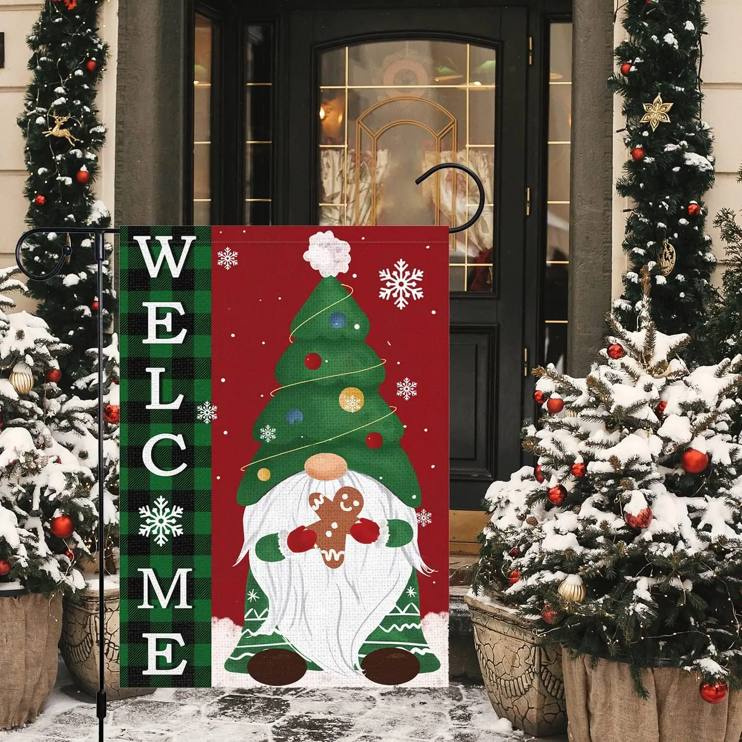 Merry Christmas Garden Flag 12x18 Double Sided Vertical, Burlap Small Buffalo Plaid Farmhouse Welcome Christmas Gnome Yard Flag