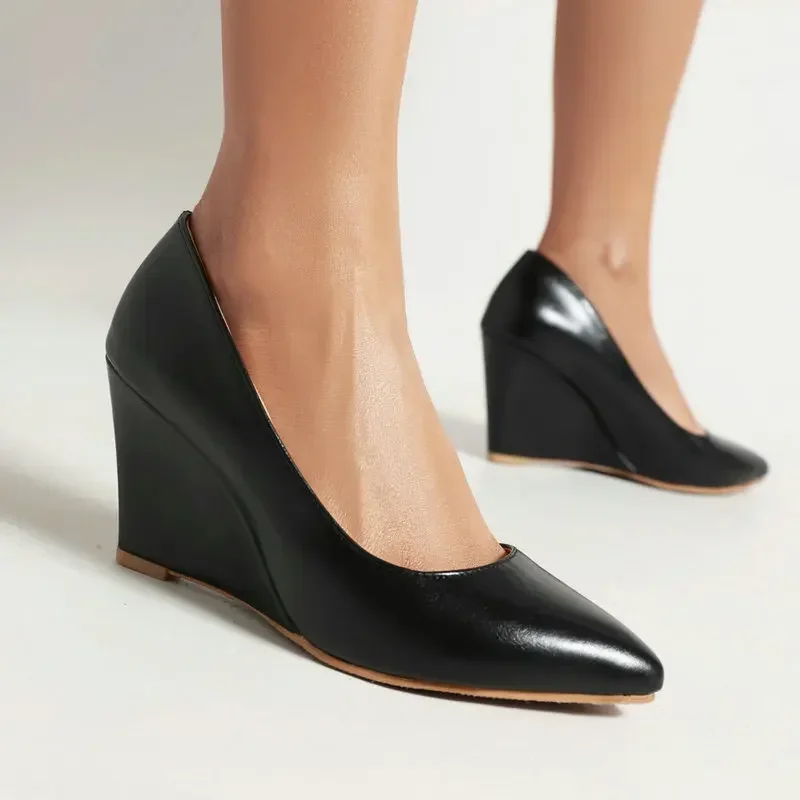 Plain Black White Closed Toe Spring Autumn Slip-on Women Shoes Wedges High Heeled Pumps Mature Lady Office Career Retro Heels