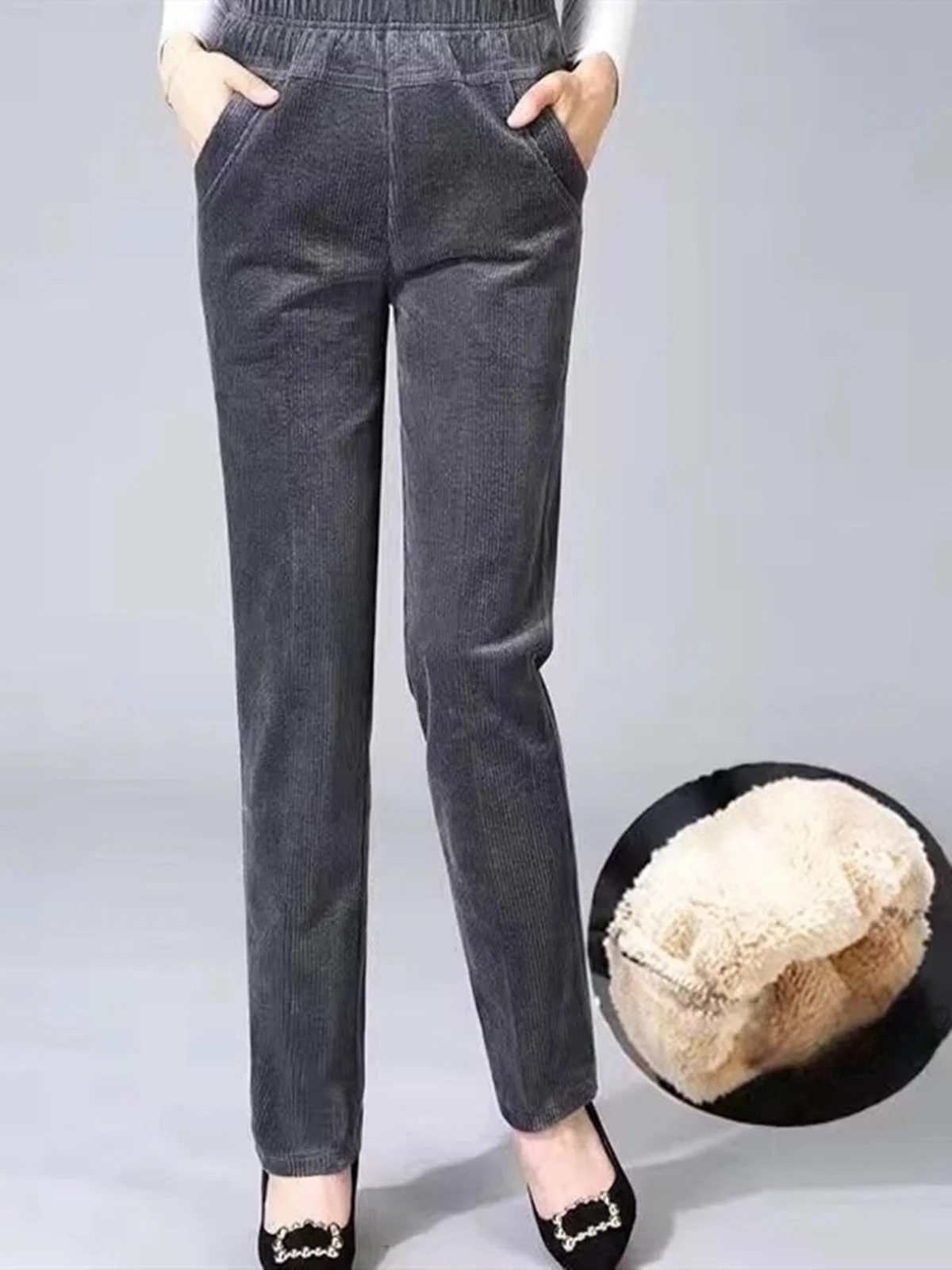 Mom's Fleece Lined Corduroy Casual Loose plus Size Autumn Spring Summer Winter Trousers High Waist Nine Points Harlan Pants