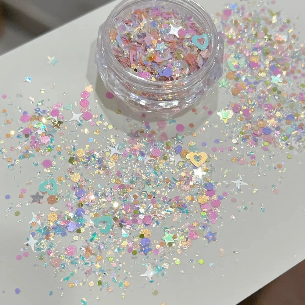 1Jar Mixed Shapes Macaron Sweet Color Nail Glitter Star/Heart/Round Colorful Nail Sequin DIY Sweet Colorful Nail Glitter Flakes