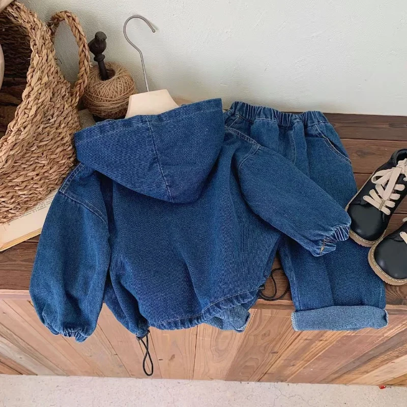 Children's Denim Suit Spring and Autumn New Boys and Girls Suit Hoodie Denim Coat+Pant Casual Two Piece Set 90-140cm