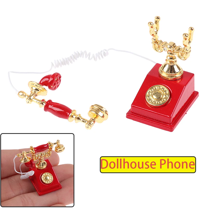 

1:12 Vintage Phone Dollhouse Miniature Old Fashioned Phone Home Wired Telephone Furniture For Doll House Accessories