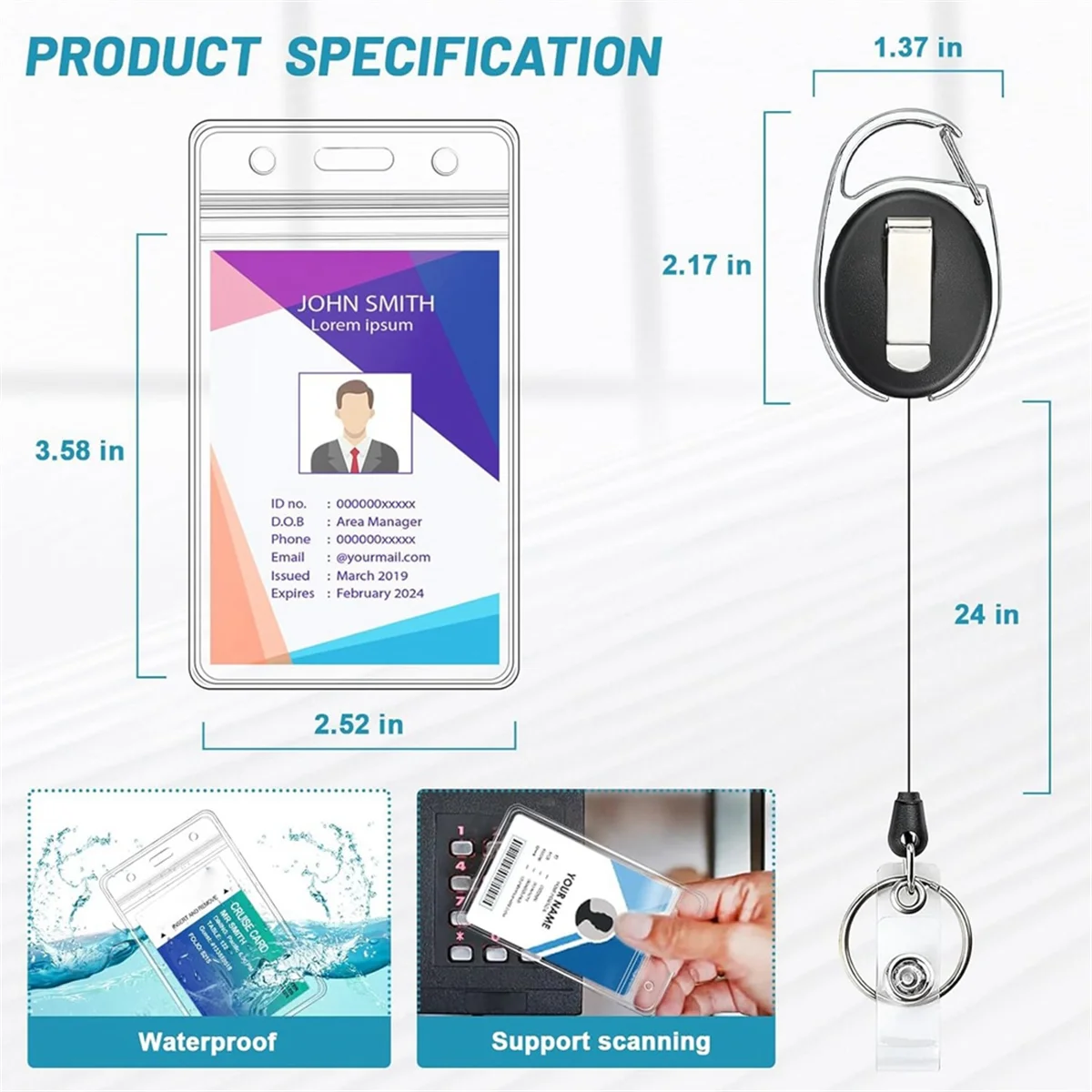 cordini per badge identificativi Confezione da 2 porta badge identificativi con bobina per badge retrattile Porta carte d'identità verticale trasparente con moschettone resistente