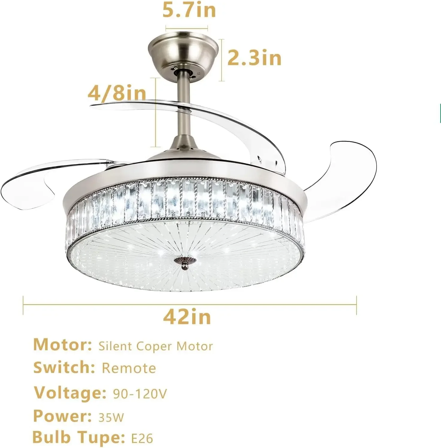 42 inch retractable ceiling fan with lighting and remote control, crystal ceiling light ceiling fan suitable for living room