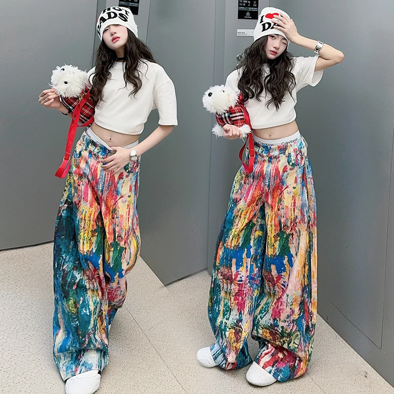 

Весна-лето, американские 3D цветные принты для девочек-подростков, широкие брюки для маленьких детей, дизайнерские брюки с масляной росписью, калька для детей 4–14 лет