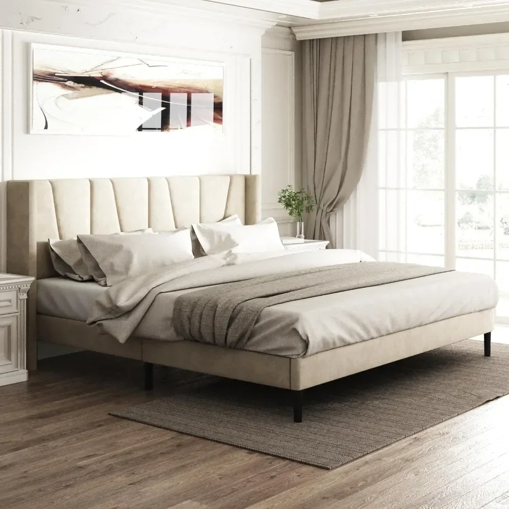 Modern Mattress Base Beige King-size bed frame with velvet geometric headboard and wing back