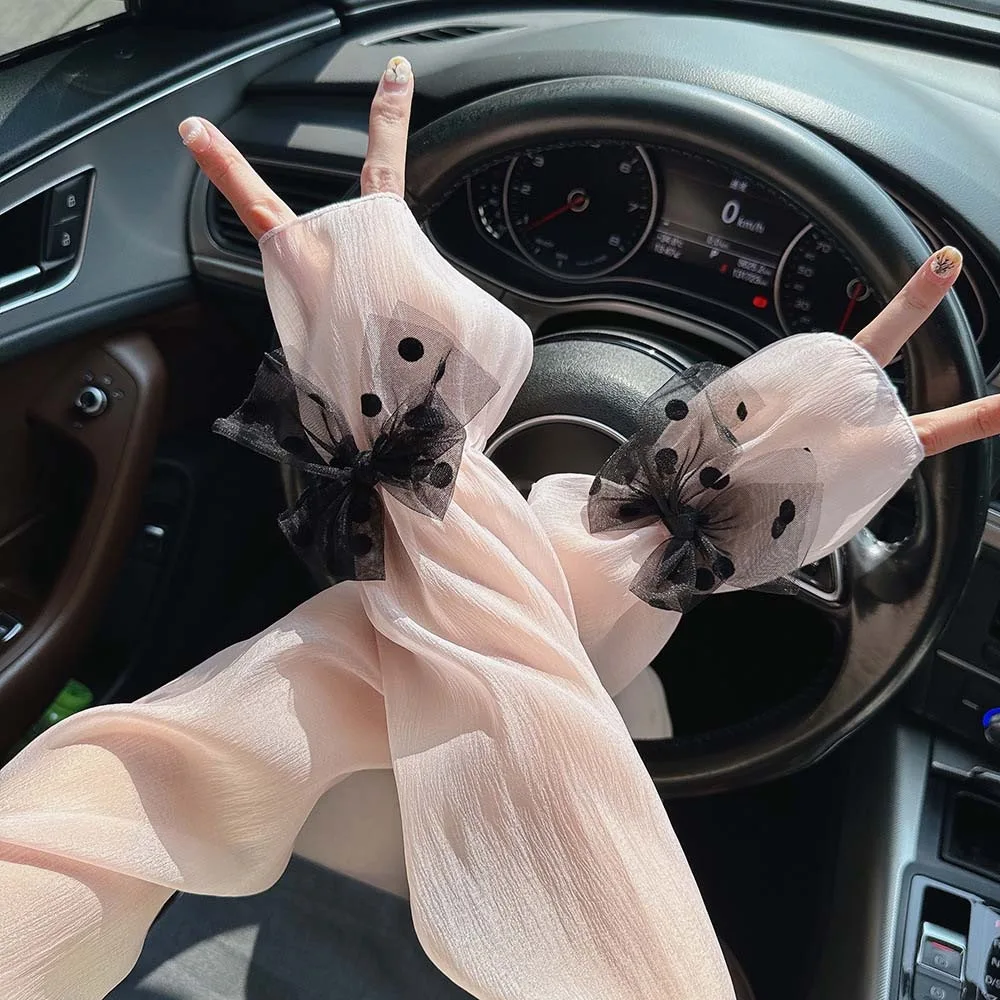 

2 шт./компл., защита от солнца, марлевые рукава с бантом, тонкие полиэстеровые дышащие длинные рукава, без пальцев, милая пряжа, солнцезащитные чехлы для рук