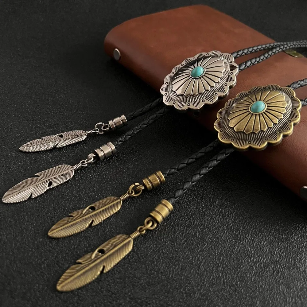 PU Woven Rope Indian Western Cowboys Bolo Tie Ethnic Style Western Country Style Turquoise Bolo Tie Sweater Chain Vintage