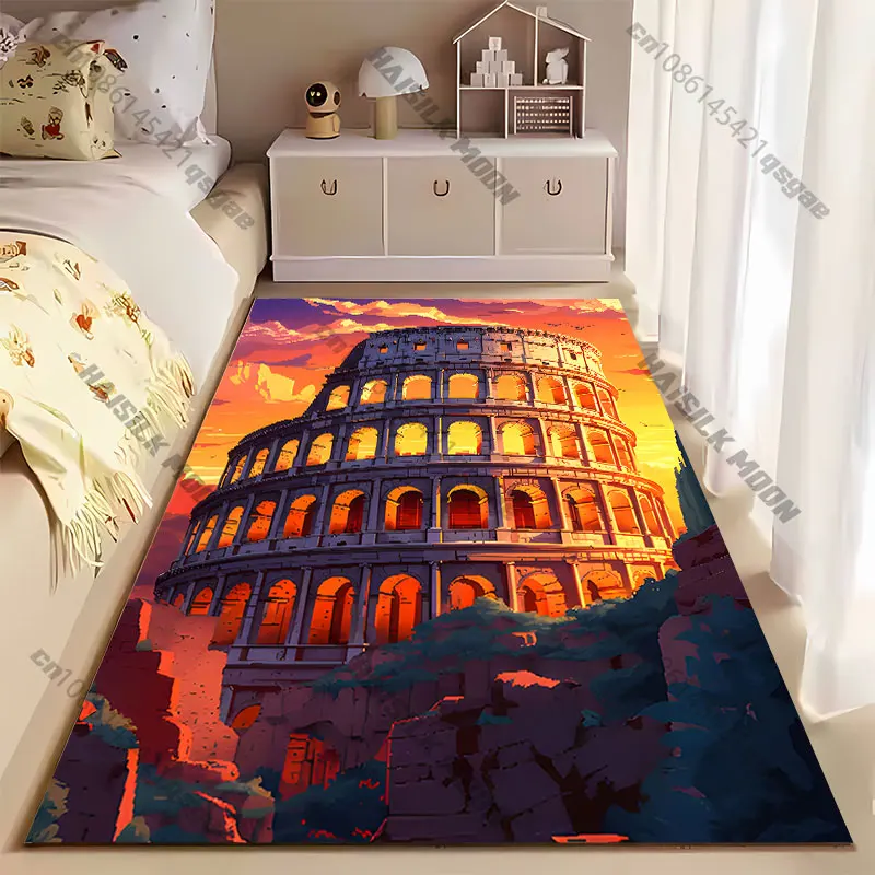 Ancient architecture fiery sunset carpet Yoga living room room decor children's crawling mat doormat area rug games mat