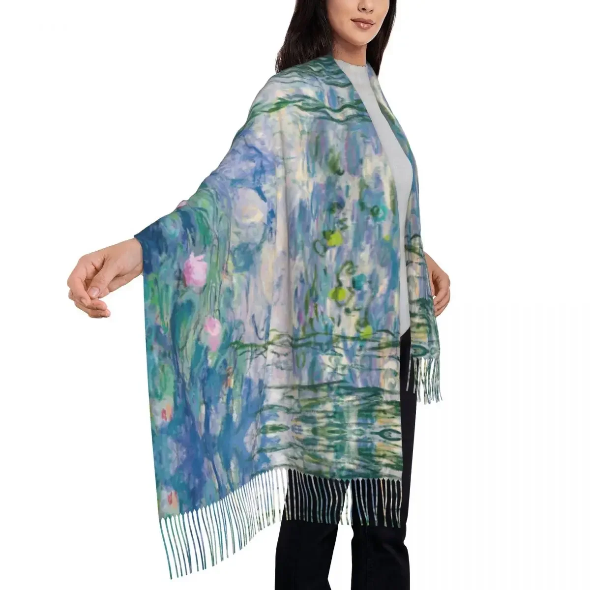 Female Long Water Lilies Claude Monet Fine Art Scarves Women Winter Fall Thick Warm Tassel Shawl Wraps French Painter Art Scarf