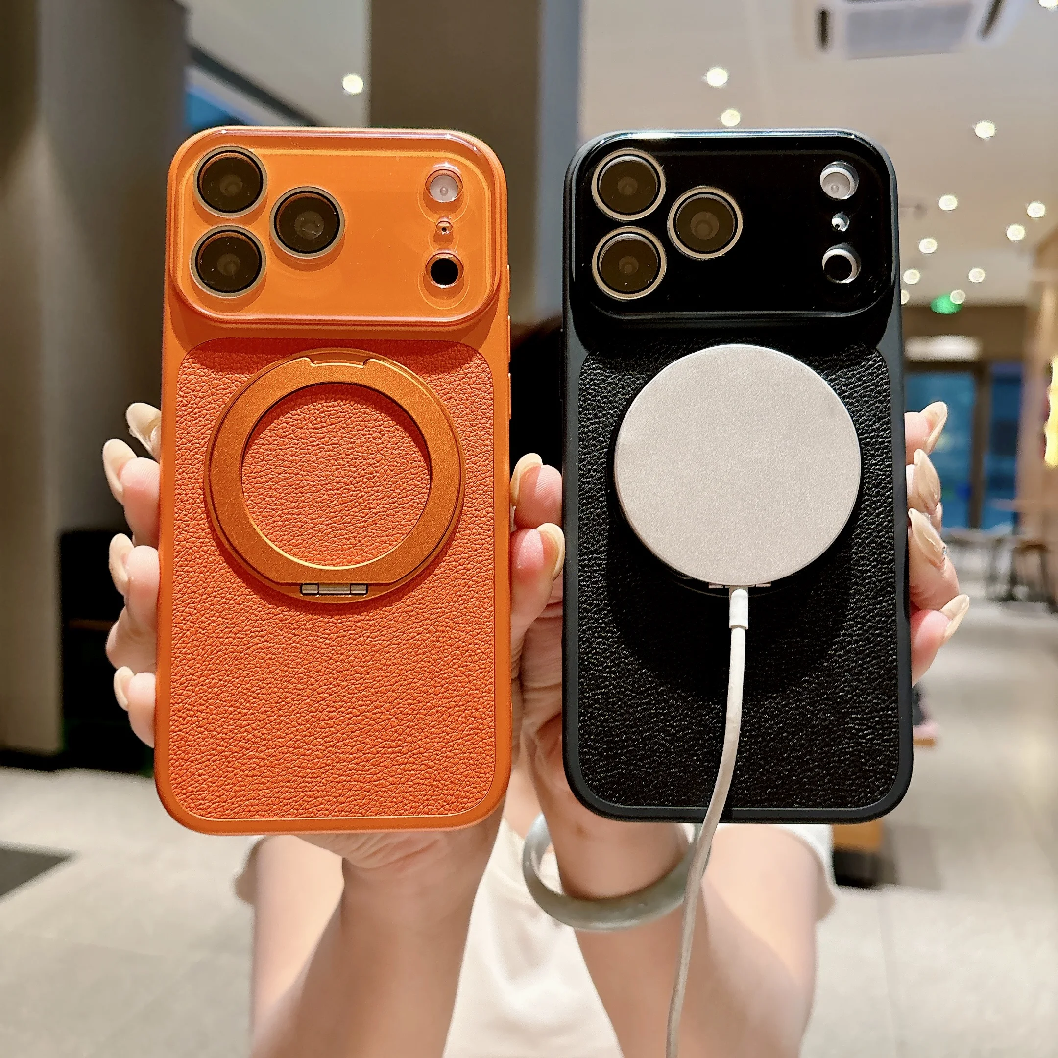 360 Rotatable Stand Magnetic Phone Case For iPhone 17 Pro Max 16 Plus 15 Built‑in Lens Film PU Leather Shockproof  Protector