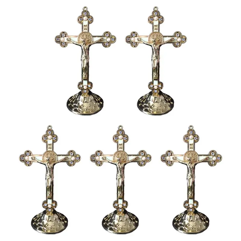 5X Standing Crucifix With Base Alloy Cross For Home Chapel Decoration And Religious Gifts(Gold)