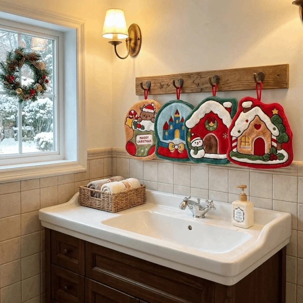 Coral Fleece Xmas Hanging Hand Towel Absorbent Quick-drying Christmas Tree Hand Towel Soft Snowman Santa Claus Handkerchief