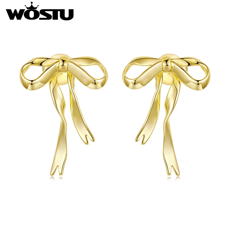 

WOSTU Gold Bowknot Stud Earrings, 18K Gold Plated Copper Long Bow Ear Studs s925 silver backs Hypoallergenic Earring Party Gift