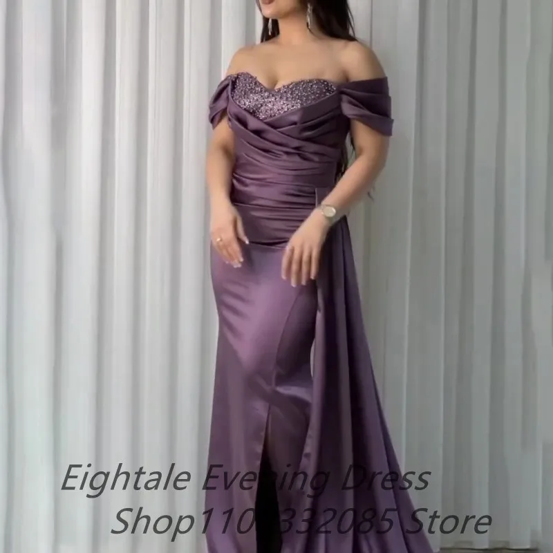 Customized Purple Mermaid Evening Dresses Pearls Beaded Sweetheart Neck Off Shoulder Slit Party Gown Fitted Arabic Prom Dress