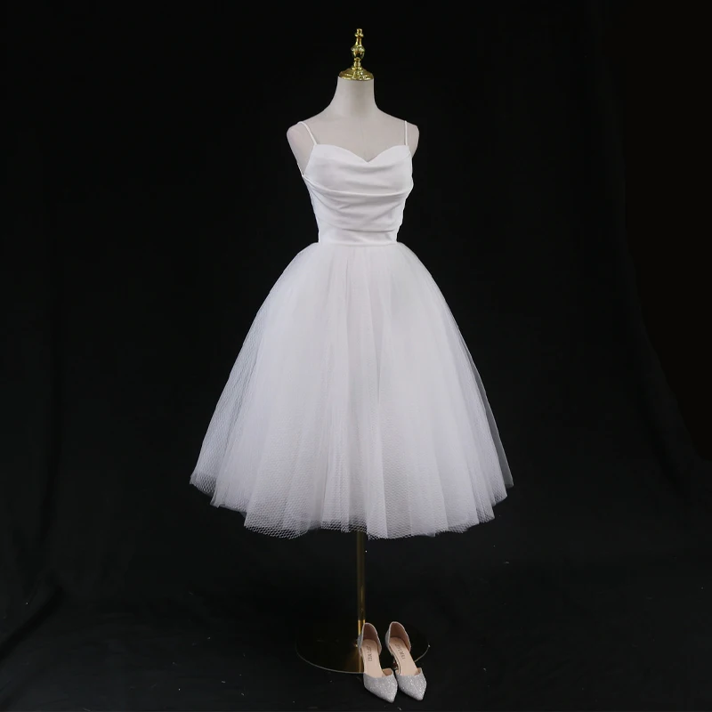 

Evening Dress White Simple Strapless Pleat Jersey Sleeveless Zipper Back Tulle A-line Tea-length Plus size Party Dresses B2225