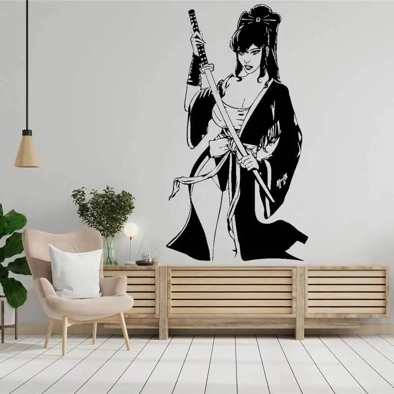 Japanese Traditional Female Geisha Wall Sticker Bushido Spirit Sword Spa Club Japanese Restaurant Decoration Vinyl Decal Mural 6