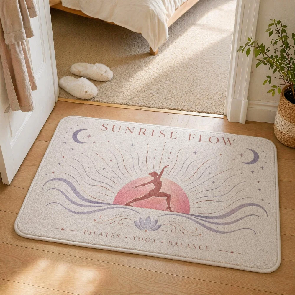 Yoga Lover Crystal Velvet Entryway Mat, Lotus Pattern Anti Slip Soft Floor Rug, Decorative Carpet for Meditation Nook Bedroom