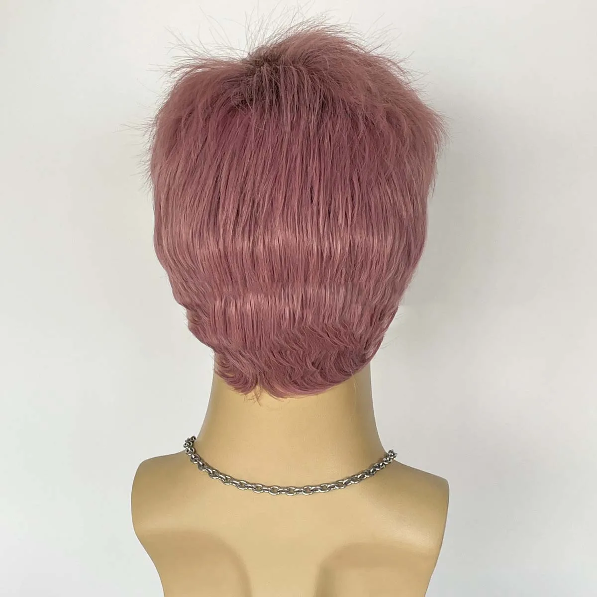 Short Pixie Cut Synthetic Pink Wigs for Men Natural Straight Layered Wig Daily Hair with Fluffy Bangs Heat Resistant Fiber