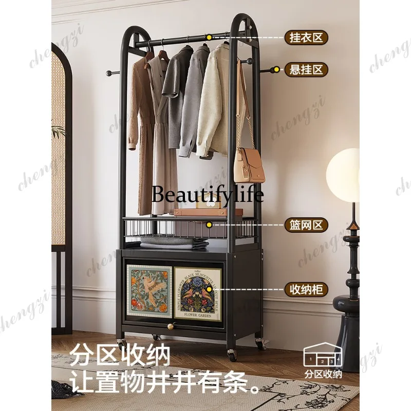 Floor-to-ceiling coat rack, bedroom retro home room mobile hanger storage, bedside table integrated