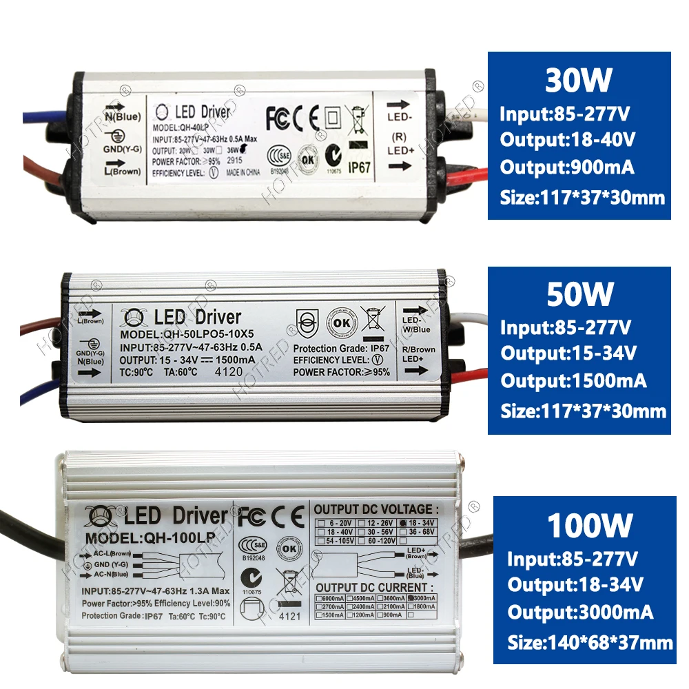 LED Driver 10W 20W 30W 50W 100W Adapter Transformer AC85V-277V to DC3V 12V 18V 24V 30V IP65 Power Supply 300/600/900/1500/3000mA