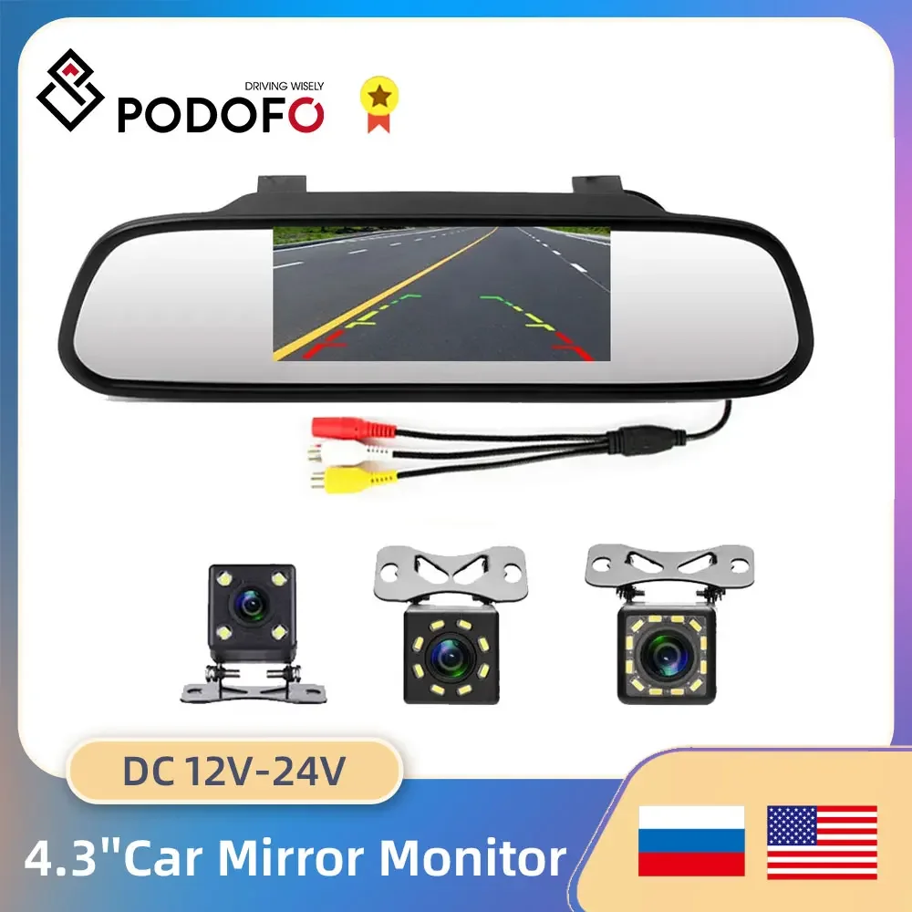 

Авто зеркало заднего вида Podofo, автомобильное зеркало с монитором 4.3", системой автопарковки, светодиодной подсветкой и ночным видением, с CCD камерой заднего вида