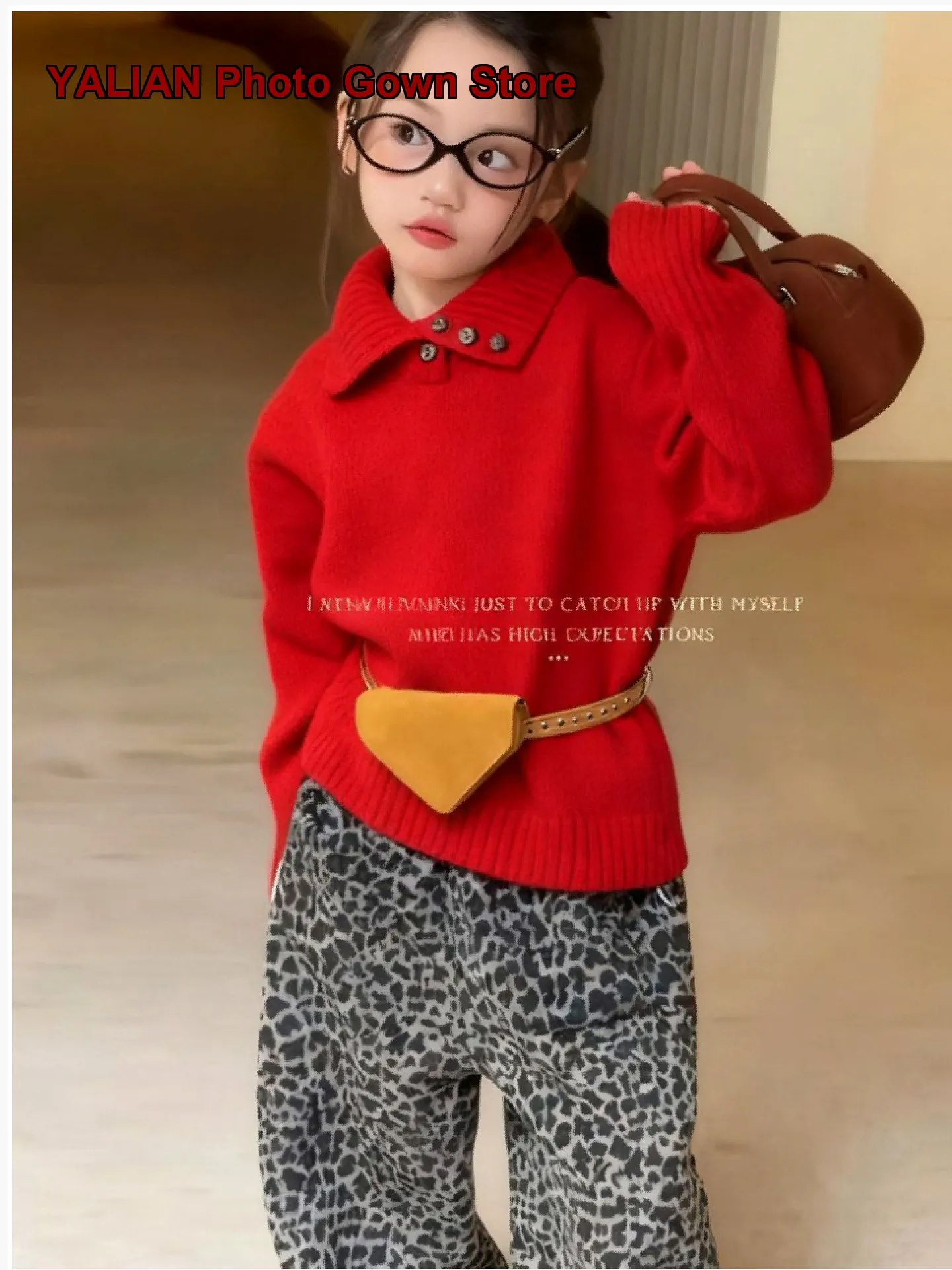 Girls New Year Wear Defined Waist Dress Autumn Winter 2026 Children’s Girl Leopard Print Fleece-Lined Wide-Leg Pants