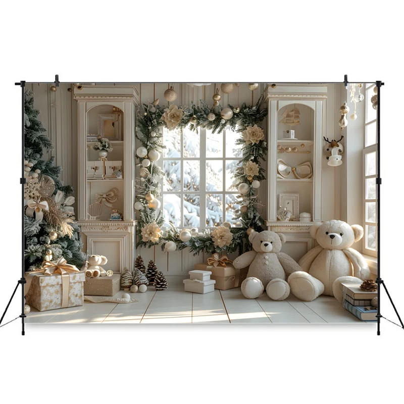 Mocsicka-Fondo de fotografía con ventana Beige, oso, flor, regalo, árbol de Navidad, accesorios de fotografía para niños y bebés