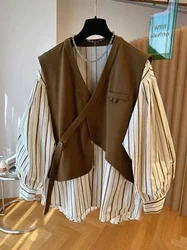 2024 Autumn Vintage Striped Shirt Vintage Jacket Tops Loose Casual Vest Patchwork Fake Two V-neck Shirts Blusas Mujer De Moda