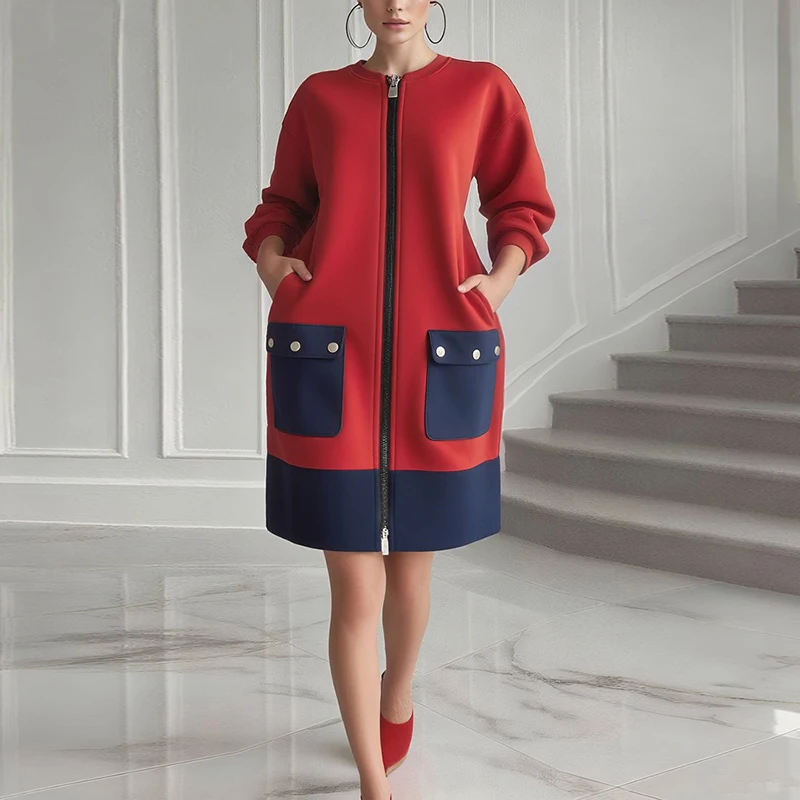 Modigirl Kontrastfarbe, lange Ärmel, Kleider für Damen, Winter, Frühling, 2022, neue stilvolle rote Taschen, Reißverschluss, Midi-Freizeitkleid für Damen