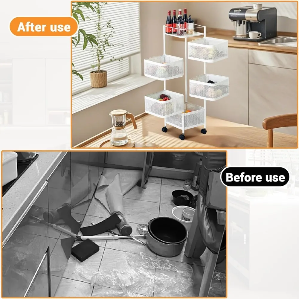 Rak Penyimpanan Dapur Berputar 5 Tingkat dengan Roda, Rak Logam Putih untuk Buah, Sayuran, dan Camilan