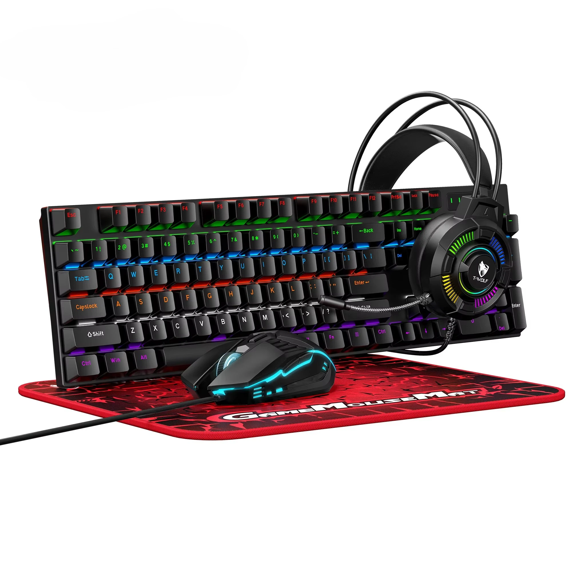 

Wired Esport Game Mechanical 4IN1 Keyboard Mouse Headset Mousepad Set Green Switch Keyboard Combos For Desktop