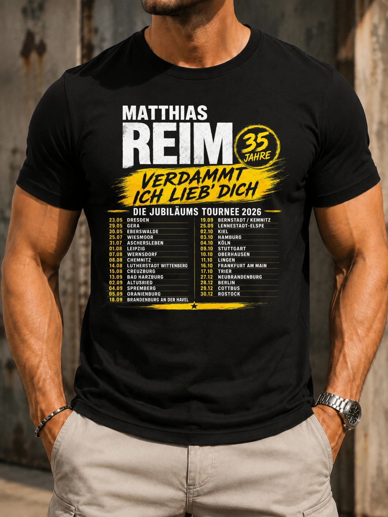 Футболка унисекс Matthias Reim 35 Jahre Verdammmt Ich Lieb Dich, юбилейный тур 2026, с желтым принтом