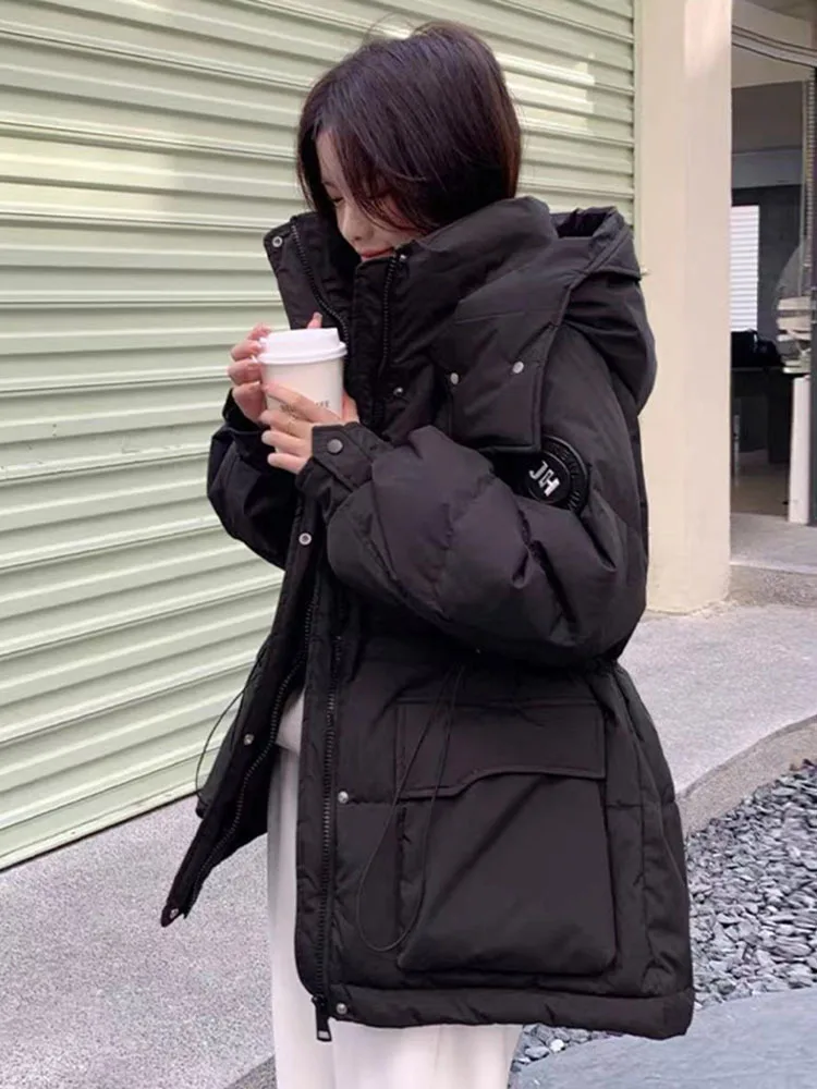 2025 Chaqueta de plumón con capucha para mujer, versión coreana, colores sólidos, chaqueta acolchada gruesa y holgada y cálida para invierno