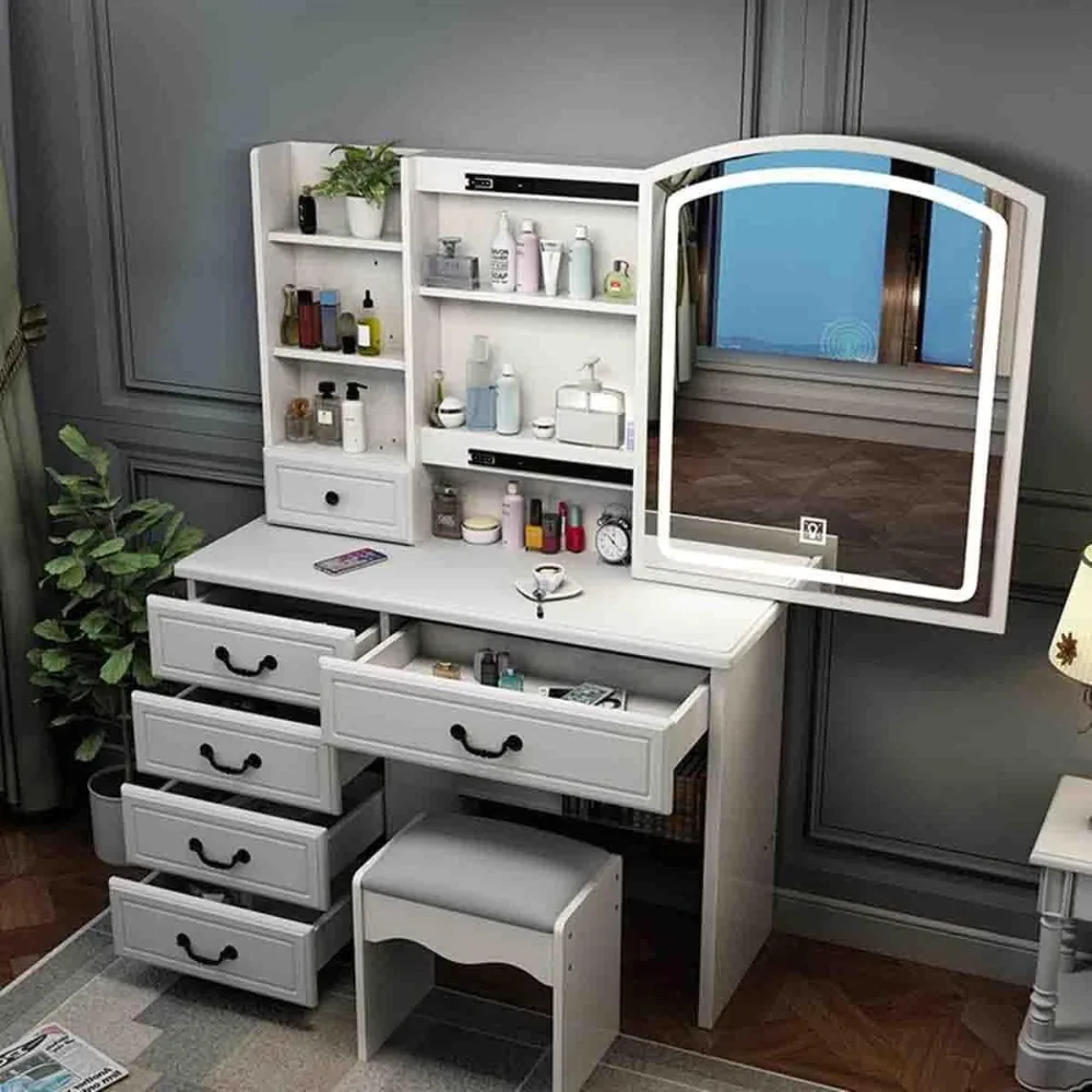 

Make-up Dresser with Sliding Illuminated Mirror, Upholstered Stool with Touch Light 3 Colors,lighting Mode,adjustable Brightness