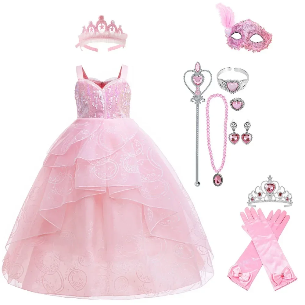 

Movie Wicked Disguise Glinda Dress Up Costume Girls Sequins Pink Wedding Princess Evening Dress Halloween Witch Birthday Party