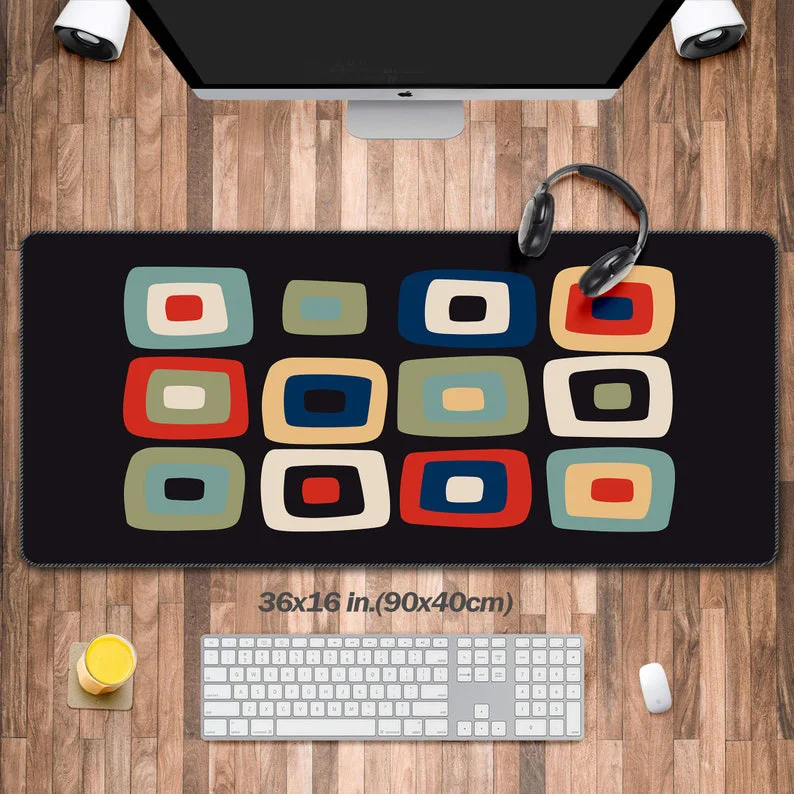 Mid Century Modern Style Shapes Geometric Abstract Mouse Pad, Vintage Colors Office Mat, Retrowave Keyboard Computer Mat