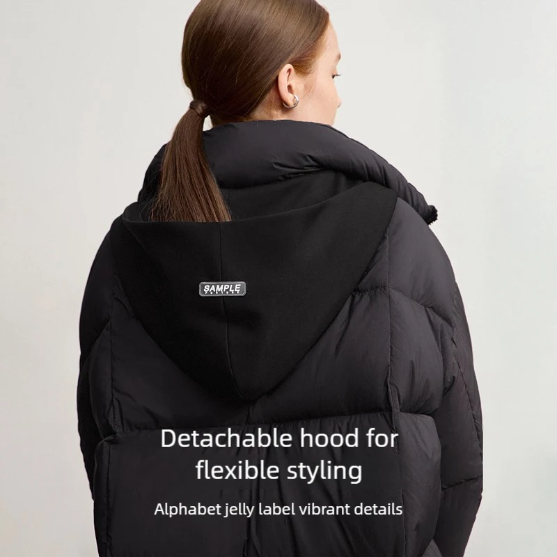 Amii donsjas vrouw 2025, winter nieuwe losse afneembare capuchon, rits, warme lange mouwen, effen kleur eendendons donsjack 12524011