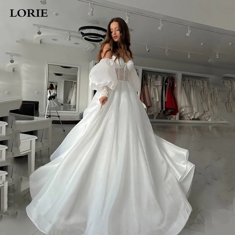 

LORIE Taffta Princess Wedding Dresses Detachable Puff Sleeve Beach Sweetheart Lace Bride Dresses A Line Wedding Party Gowns