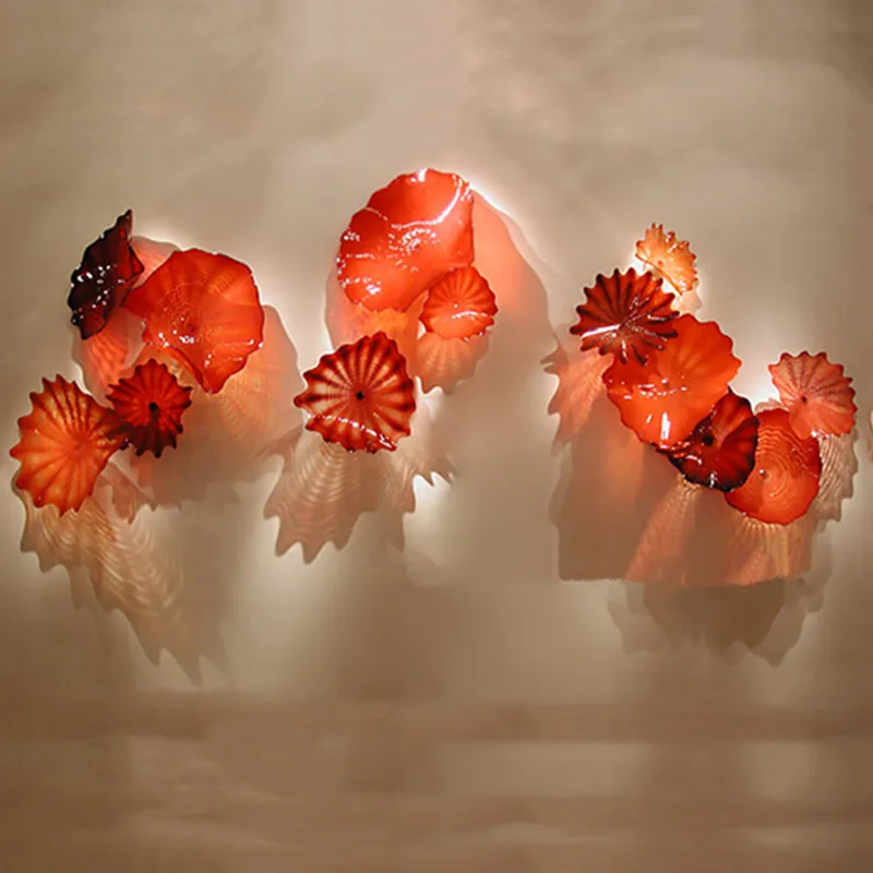 Luxury Hand Blown Glass Wall Art Home Decoration Wall Accents Red Amber Murano Glass Flower Plates for Wall Hanging