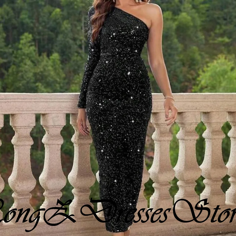 One Shoulder Pleats Long Sleeves Tea Length Black Sequined Crystal Fashion Classic Celebrity Dress Bespoke Occasion Gowns Modern