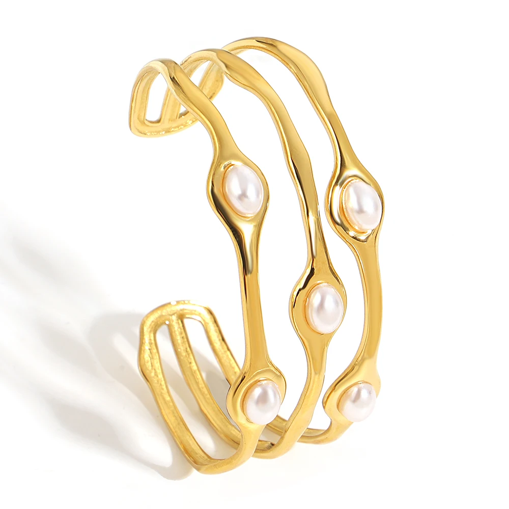 Greatera Dreischichtiges Ovales Perlenarmband für Frauen Geschenke Euro-amerikanisches Nischendesign Konkave Form Neutrale Mode Offener Armreif